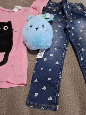GAP Kids Girl Navy Denim with White Heart Detail & Pink Long Sleve T Shirt